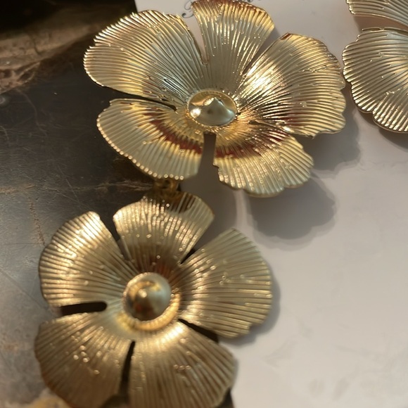 Double Flower Gold Drop Eearrings - Picture 12 of 17